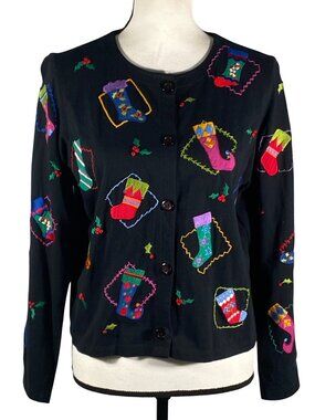 Michael Simon Lite Black Christmas Stocking Embroidered cotton Cardigan Sweater